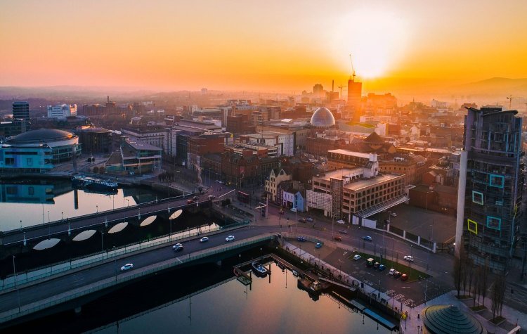 Aerial view of Belfast at sunset