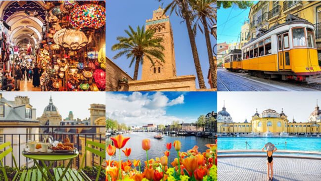 Grand Bazaar in Istanbul, building in Marrakech surrounded by palm trees, tram in Lisbon, cafe in Paris, tulips by Amsterdam canal, woman at Budapest spa